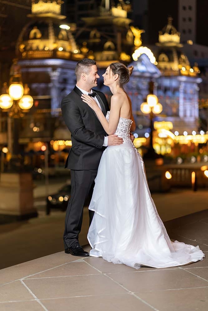 wedding photograph of bride and groom at night in Melbourne