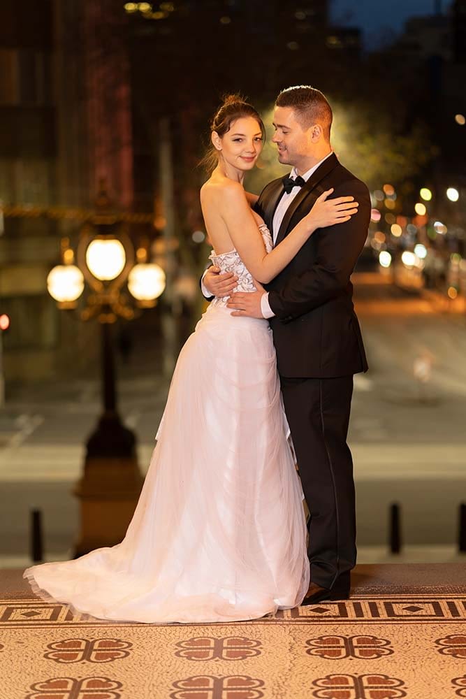 night portrait of bride and groom at Parliament house