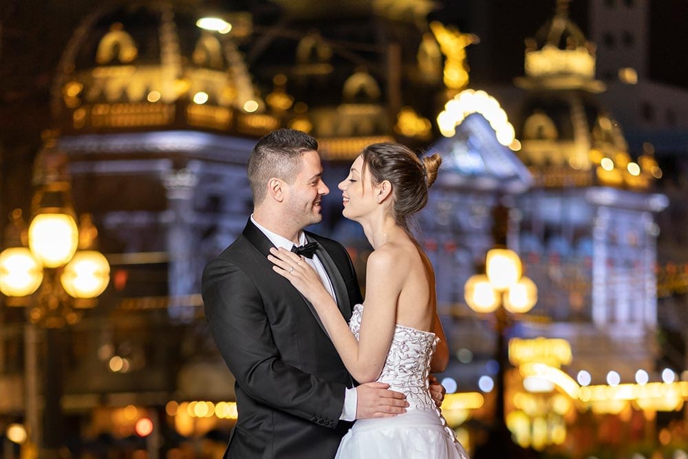 wedding photograph of bride and groom at night